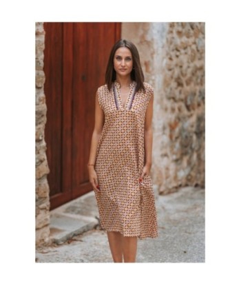 Vestido Largo Midi Mujer Azul Estampado Geométrico 100% Algodón Moda Isla Bonita, Elegante y Fresco para Ocasiones