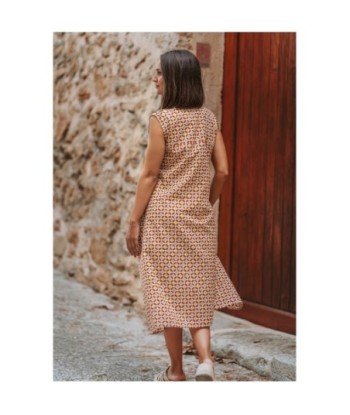 Vestido Largo Midi Mujer Azul Estampado Geométrico 100% Algodón Moda Isla Bonita, Elegante y Fresco para Ocasiones