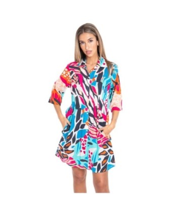 Vestido Corto Camisero de Algodón para Mujer, Estampado Azul, Manga ¾, Ideal para Fiesta y Ocasiones Especiales,
