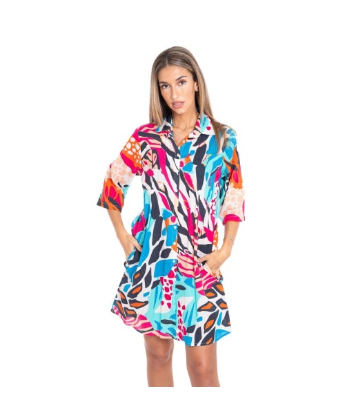Vestido Corto Camisero de Algodón para Mujer, Estampado Azul, Manga ¾, Ideal para Fiesta y Ocasiones Especiales,