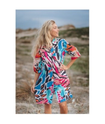 Vestido Corto Camisero de Algodón para Mujer, Estampado Azul, Manga ¾, Ideal para Fiesta y Ocasiones Especiales,