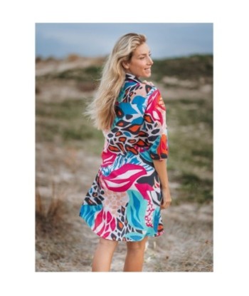 Vestido Corto Camisero de Algodón para Mujer, Estampado Azul, Manga ¾, Ideal para Fiesta y Ocasiones Especiales,