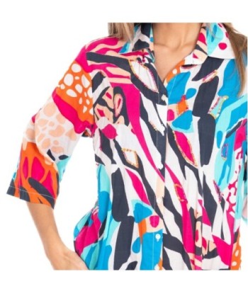 Vestido Corto Camisero de Algodón para Mujer, Estampado Azul, Manga ¾, Ideal para Fiesta y Ocasiones Especiales,