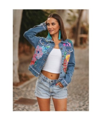 Chaqueta de Mujer Azul Bohemia, Denim Floral, Camisero, Larga, 100% Algodón, Ideal para Otoño e Invierno, Ropa