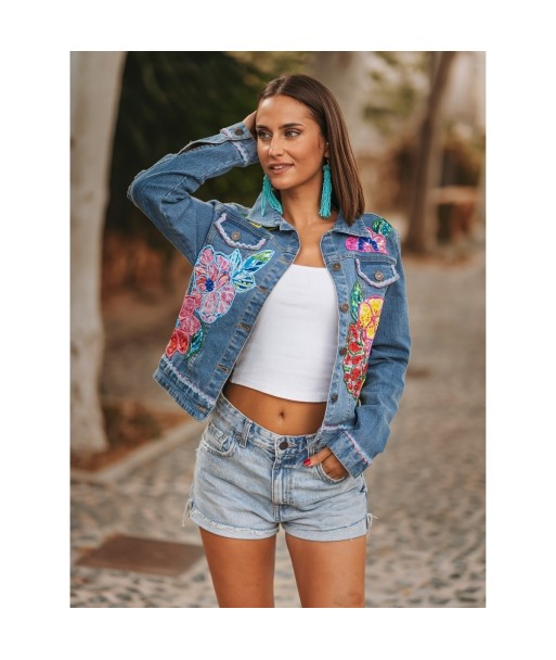 Chaqueta de Mujer Azul Bohemia, Denim Floral, Camisero, Larga, 100% Algodón, Ideal para Otoño e Invierno, Ropa