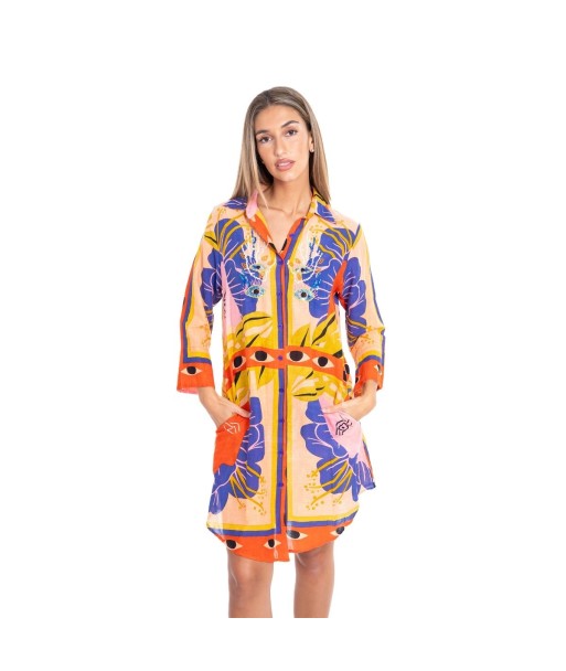 Vestido Lila Corto Camisero para Mujer - Moda Étnica Isla Bonita, Estampado Floral, Lavado a Mano, Ideal para