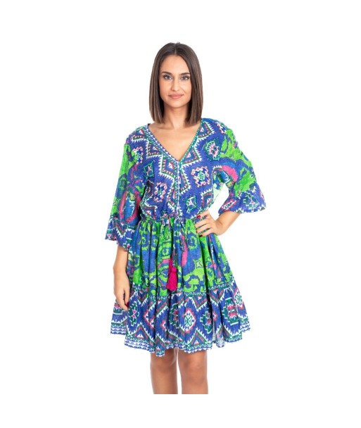 Vestido Corto Crudo para Mujer - Estampado Elegante, Manga ¾, Ideal para Fiesta y Ocasiones Especiales - Ropa