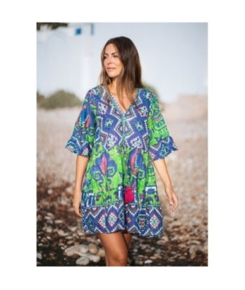 Vestido Corto Crudo para Mujer - Estampado Elegante, Manga ¾, Ideal para Fiesta y Ocasiones Especiales - Ropa