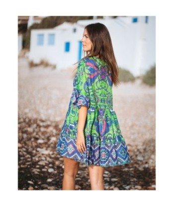 Vestido Corto Crudo para Mujer - Estampado Elegante, Manga ¾, Ideal para Fiesta y Ocasiones Especiales - Ropa