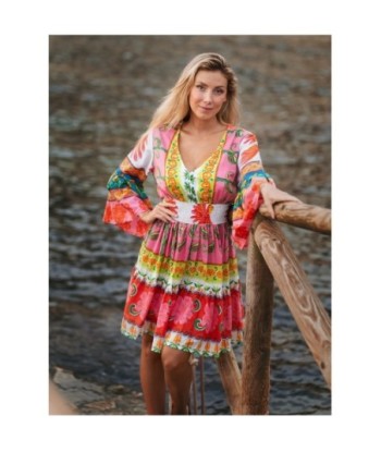 Vestido Corto Crudo para Mujer - Estilo Bohemio, Manga ¾, Ideal para Fiesta y Ocasiones Especiales, 100% Algodón,
