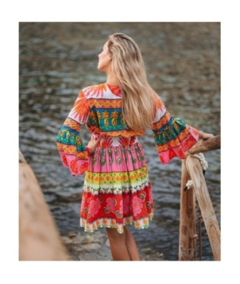 Vestido Corto Crudo para Mujer - Estilo Bohemio, Manga ¾, Ideal para Fiesta y Ocasiones Especiales, 100% Algodón,