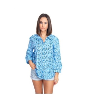 Camisa de Mujer Azul Larga, 100% Algodón, Ideal para Ocasiones Formales y Casual, Moda Isla Bonita, Estilo Chic