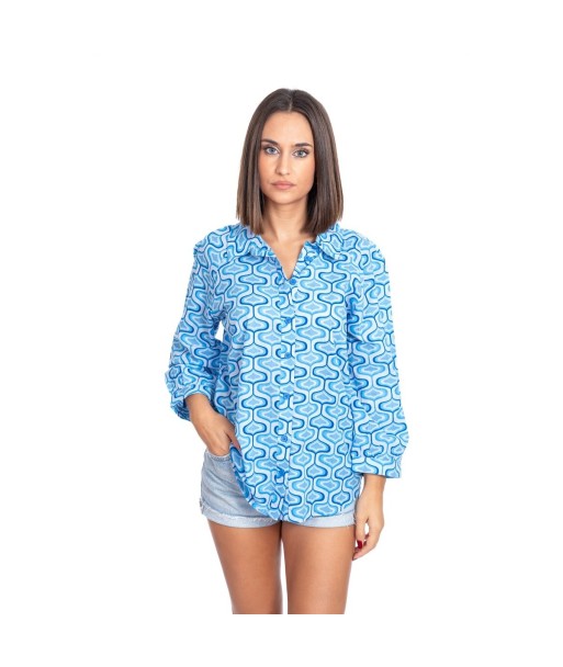 Camisa de Mujer Azul Larga, 100% Algodón, Ideal para Ocasiones Formales y Casual, Moda Isla Bonita, Estilo Chic