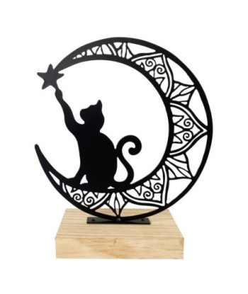 Figura gato s/luna pequeña decorativa étnica para hogar y regalo en metal y madera