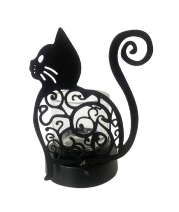 Portavelas Gato Negro Etnico Metal Cristal Decoración Hogar