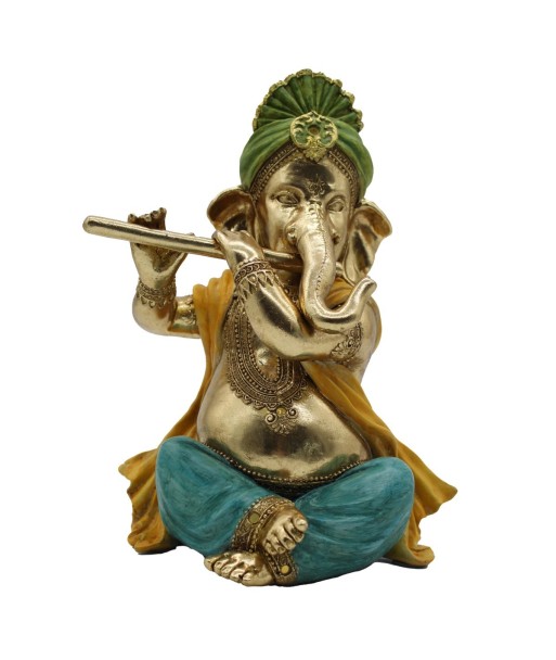 Figura Ganesha Musica Oriental Resina Dorada 28 cm