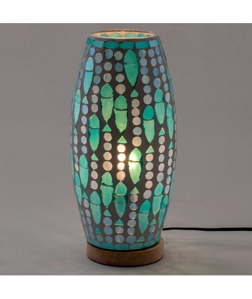 Lámpara mosaico de mesa estilo India en verde con vidrio y madera