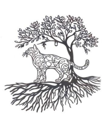 Adorno pared árbol con gato étnico metal decoración hogar