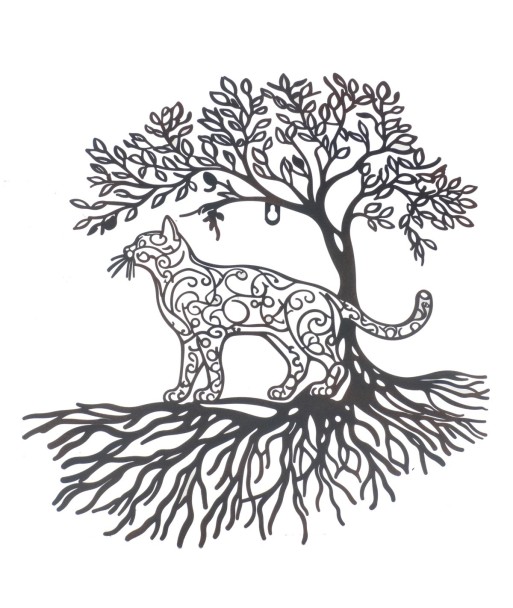 Adorno pared árbol con gato étnico metal decoración hogar