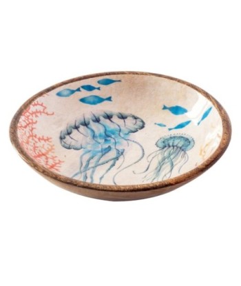 Cuenco medusas grabado madera azul marino decorativo para cocina y comedor