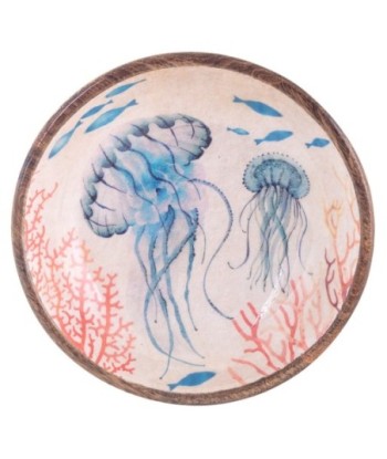 Cuenco medusas grabado madera azul marino decorativo para cocina y comedor