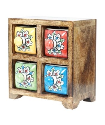 ORIGEN Home Decor Especiero 4 Cajones Cajas Y Joyeros | Especiero Marrón Cuadrado - 16x16x11cm