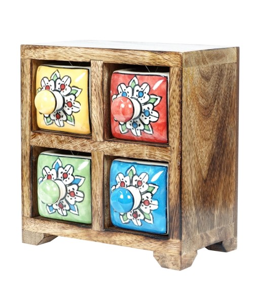 ORIGEN Home Decor Especiero 4 Cajones Cajas Y Joyeros | Especiero Marrón Cuadrado - 16x16x11cm