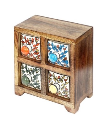 ORIGEN Home Decor Especiero 4 Cajones Cajas Y Joyeros | Especiero Marrón Cuadrado - 16x16x11cm